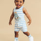 Huxbaby Construction Dino Stripe Sleeveless Romper Marine Blue/Almond Milk