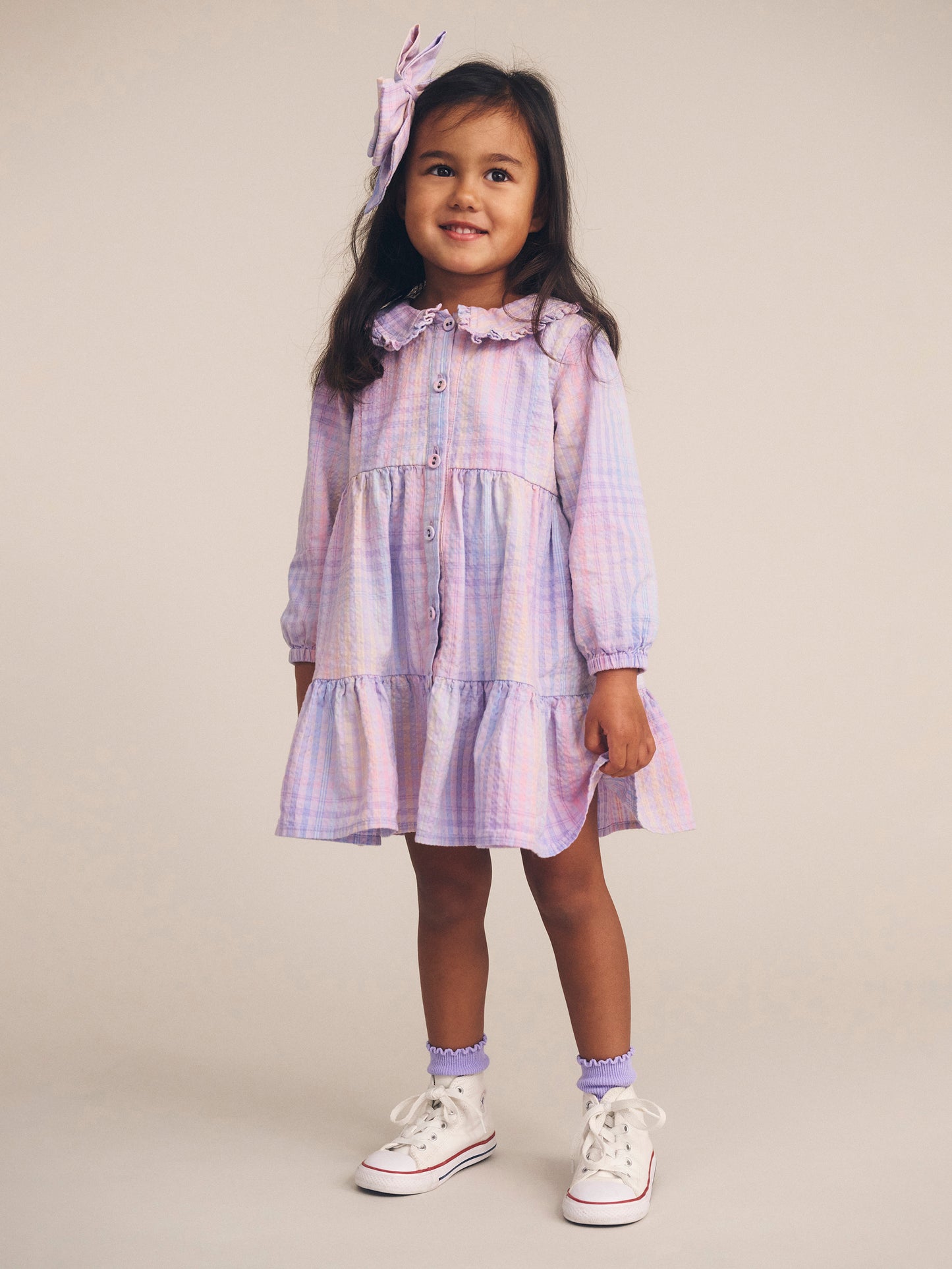 Huxbaby Rainbow Check Long Sleeve Frill Dress