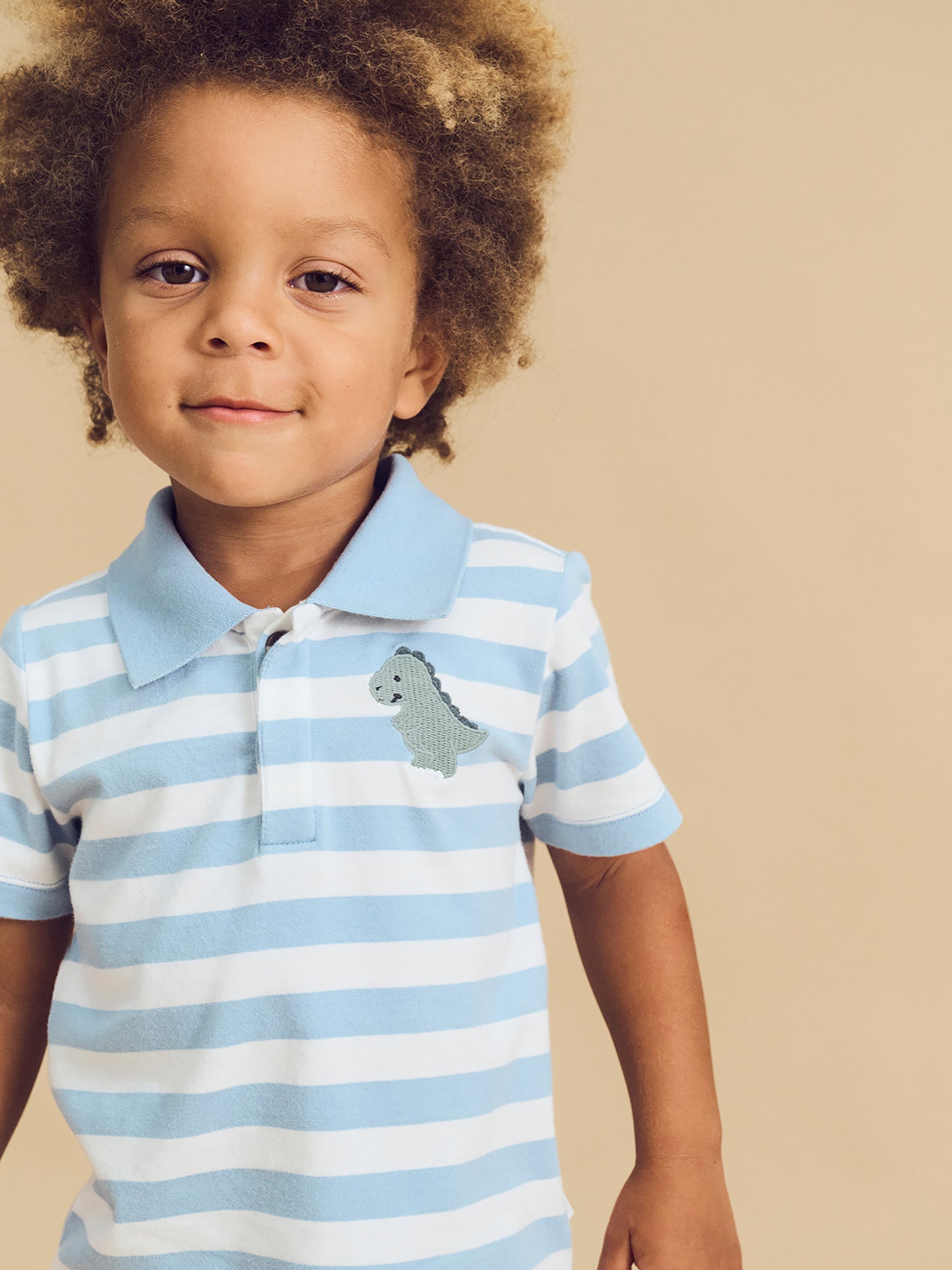 Huxbaby T-Rex Stripe Polo T-Shirt Marine Blue/Almond Milk