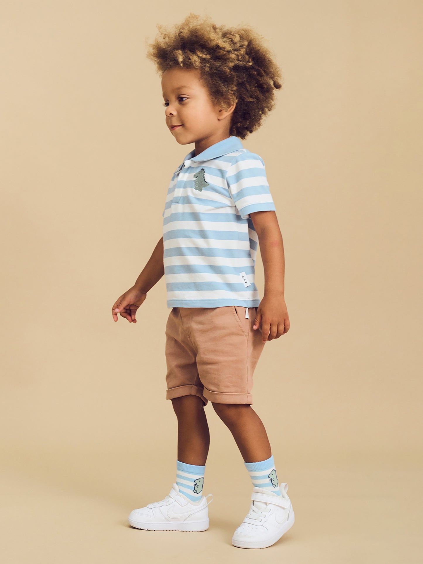 Huxbaby T-Rex Stripe Polo T-Shirt Marine Blue/Almond Milk