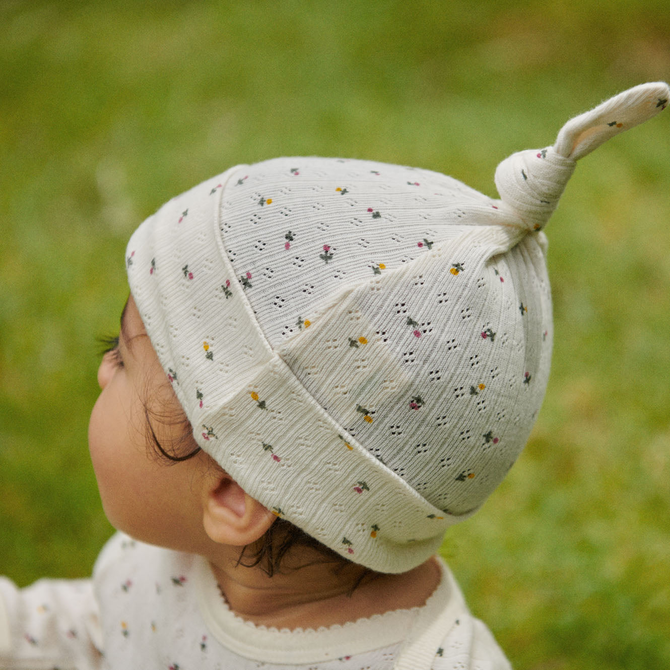 Nature Baby Knotted Beanie Pointelle Aster  Floral Print