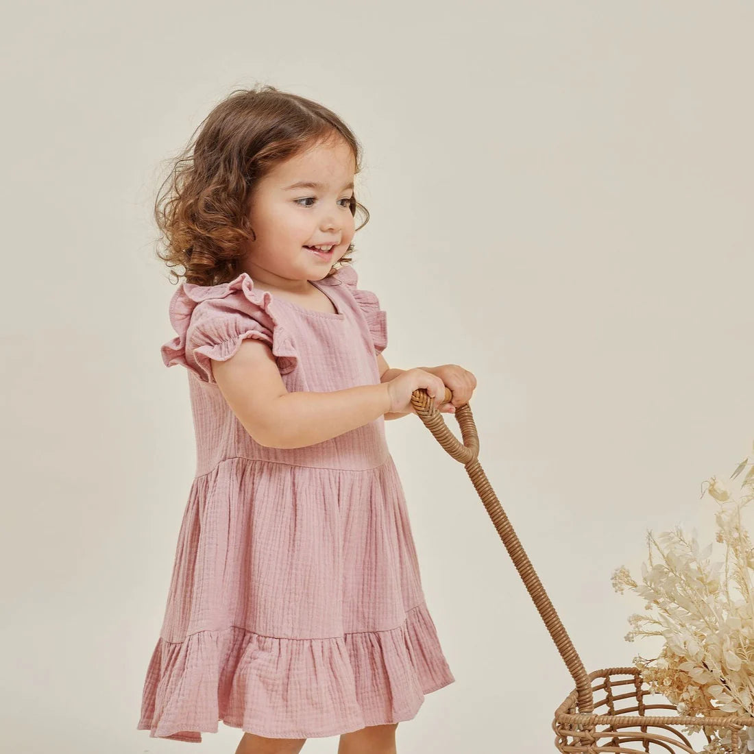 Aster & Oak Pink Muslin Ruffle Dress